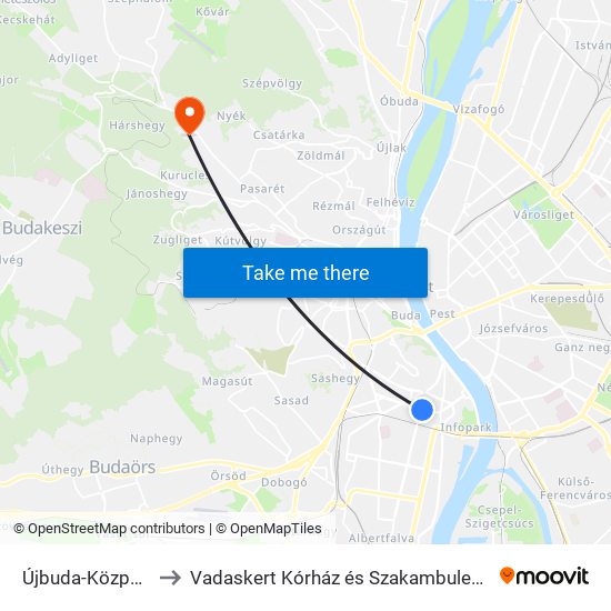 Újbuda-Központ to Vadaskert Kórház és Szakambulencia map