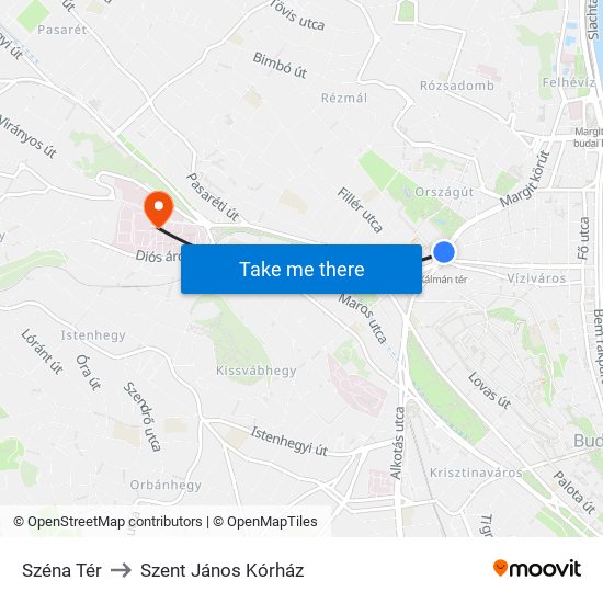 Széna Tér to Szent János Kórház map