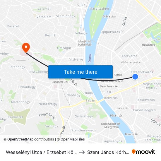 Wesselényi Utca / Erzsébet Körút to Szent János Kórház map