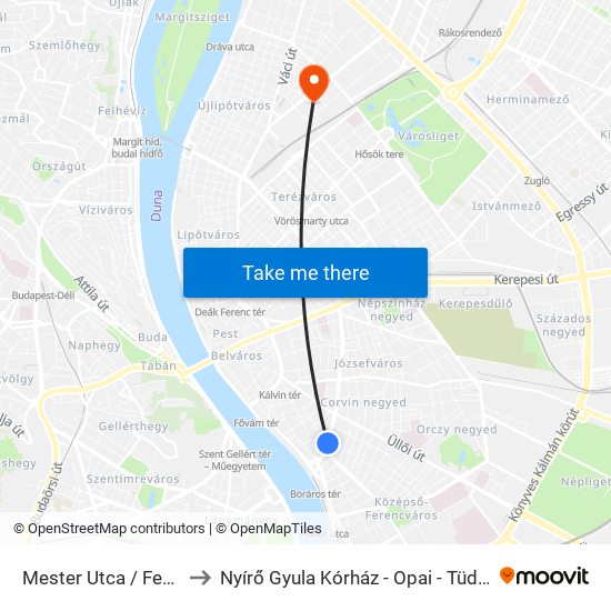 Mester Utca / Ferenc Körút to Nyírő Gyula Kórház - Opai - Tüdőszűrő Állomás map