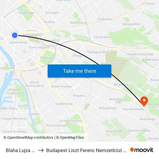 Blaha Lujza Tér M to Budapest Liszt Ferenc Nemzetközi Repülőtér 1 map