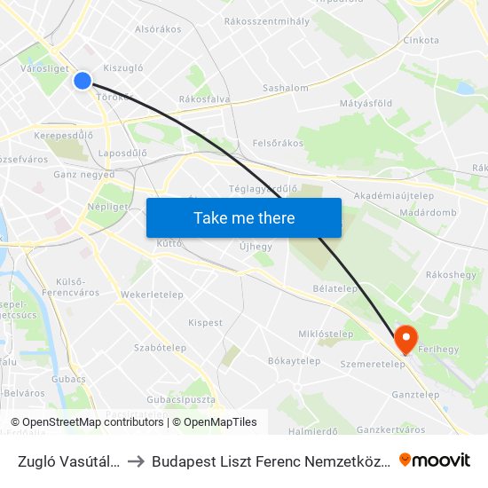 Zugló Vasútállomás to Budapest Liszt Ferenc Nemzetközi Repülőtér 1 map