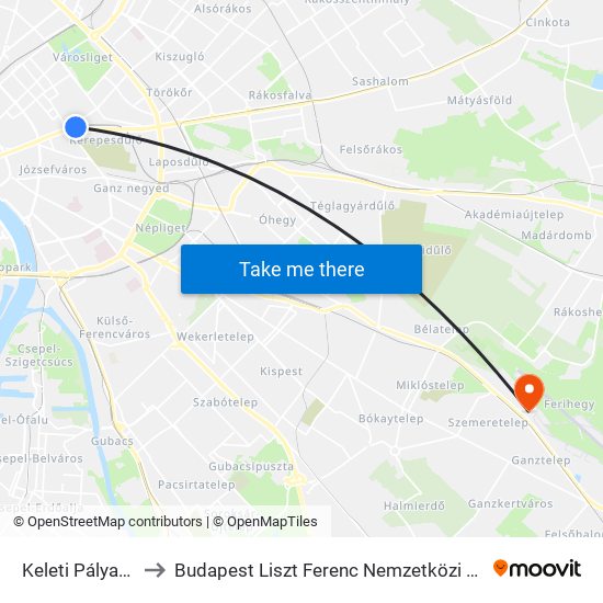 Keleti Pályaudvar to Budapest Liszt Ferenc Nemzetközi Repülőtér 1 map