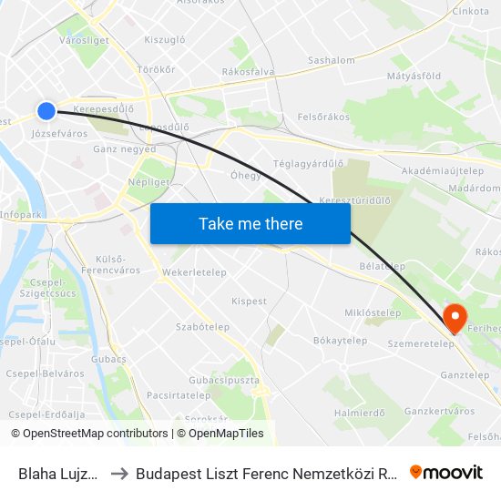 Blaha Lujza Tér to Budapest Liszt Ferenc Nemzetközi Repülőtér 1 map