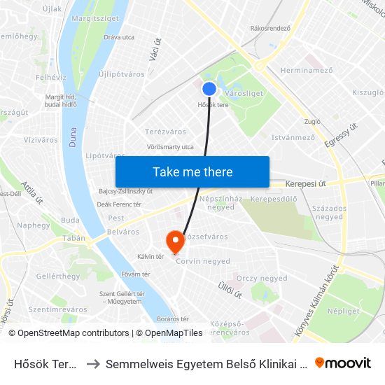 Hősök Tere M to Semmelweis Egyetem Belső Klinikai Tömb map