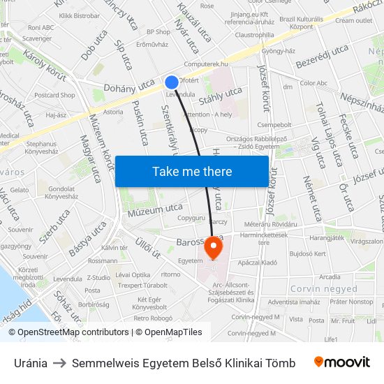 Uránia to Semmelweis Egyetem Belső Klinikai Tömb map