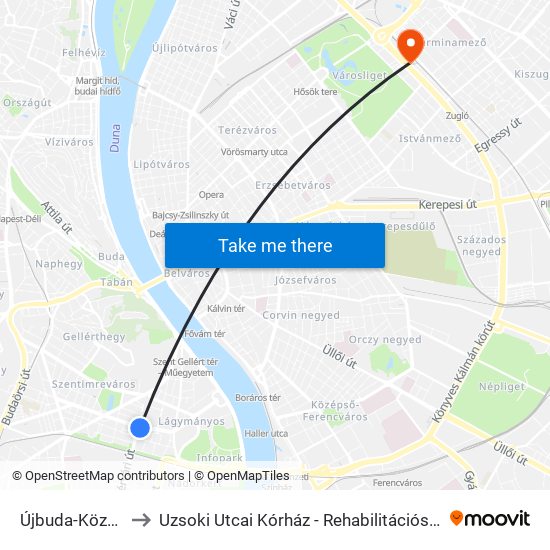 Újbuda-Központ to Uzsoki Utcai Kórház - Rehabilitációs Osztály map