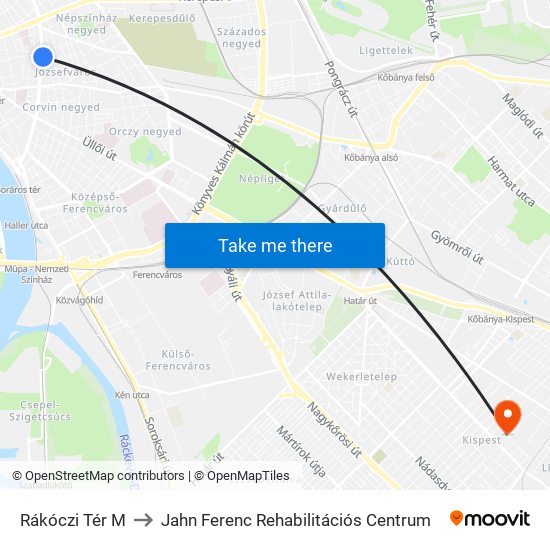 Rákóczi Tér M to Jahn Ferenc Rehabilitációs Centrum map