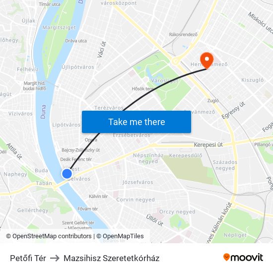 Petőfi Tér to Mazsihisz Szeretetkórház map