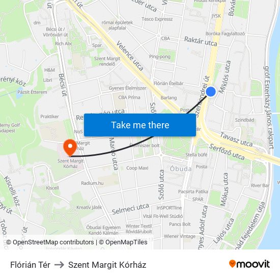 Flórián Tér to Szent Margit Kórház map