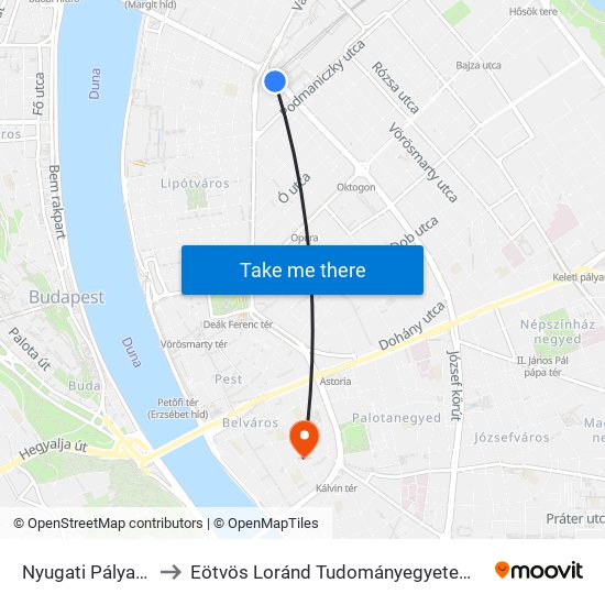 Nyugati Pályaudvar M to Eötvös Loránd Tudományegyetem Rektori Hivatal map