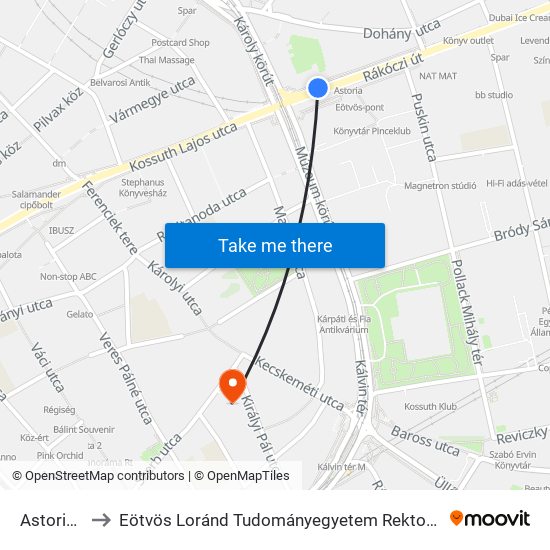 Astoria M to Eötvös Loránd Tudományegyetem Rektori Hivatal map