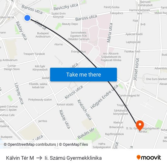 Kálvin Tér M to Ii. Számú Gyermekklinika map