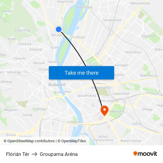 Flórián Tér to Groupama Aréna map