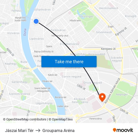 Jászai Mari Tér to Groupama Aréna map