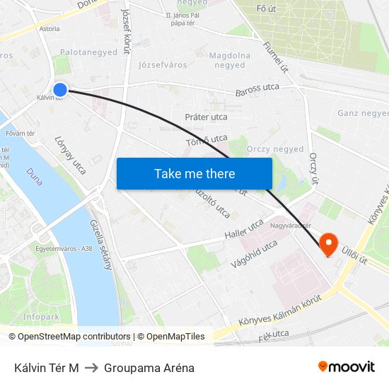 Kálvin Tér M to Groupama Aréna map