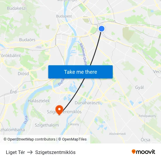 Liget Tér to Szigetszentmiklós map