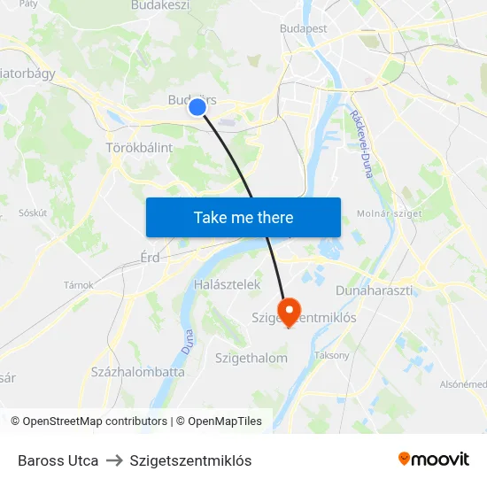 Baross Utca to Szigetszentmiklós map