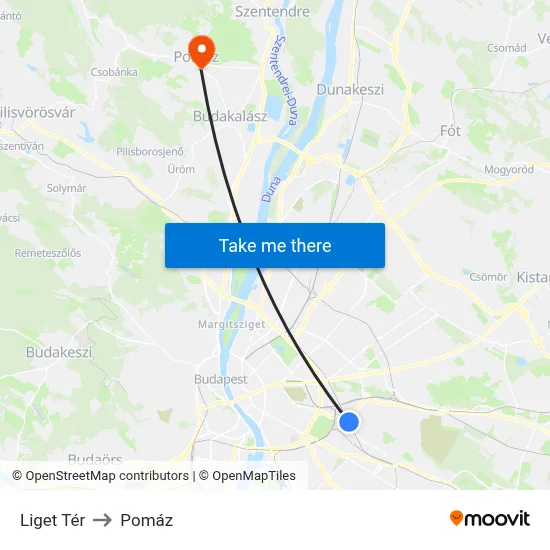 Liget Tér to Pomáz map