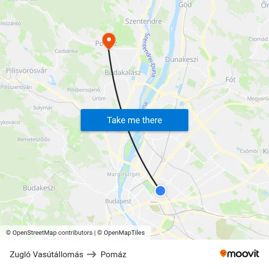 Zugló Vasútállomás to Pomáz map