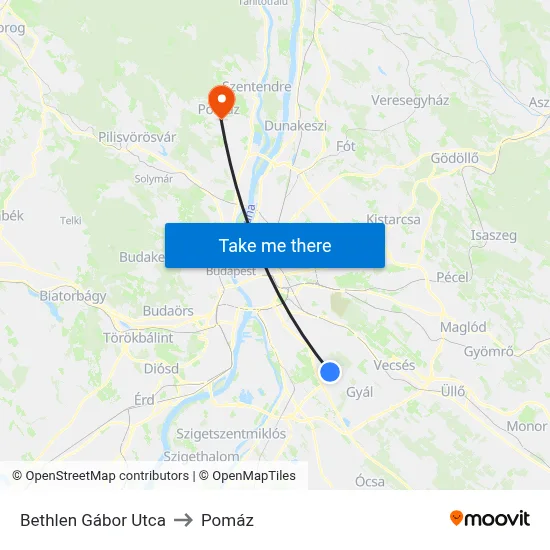Bethlen Gábor Utca to Pomáz map