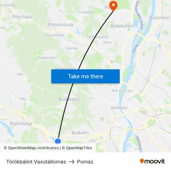 Törökbálint Vasútállomás to Pomáz map