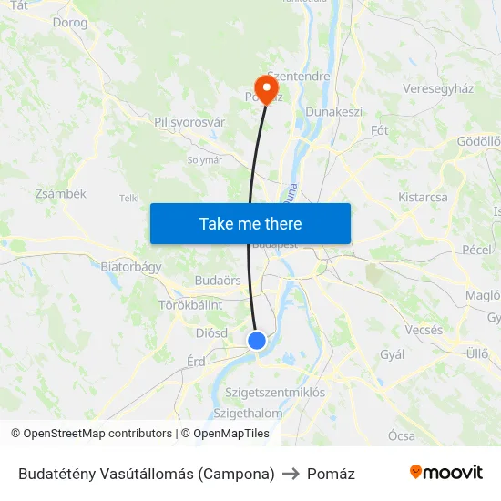 Budatétény Vasútállomás (Campona) to Pomáz map