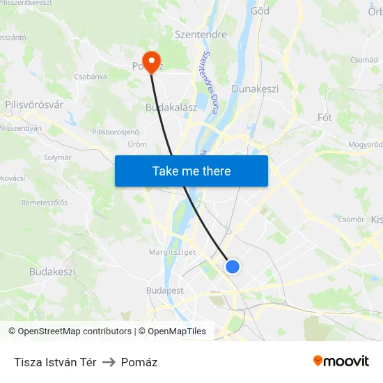 Tisza István Tér to Pomáz map
