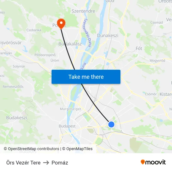 Örs Vezér Tere to Pomáz map