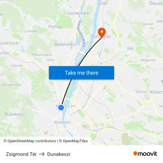 Zsigmond Tér to Dunakeszi map