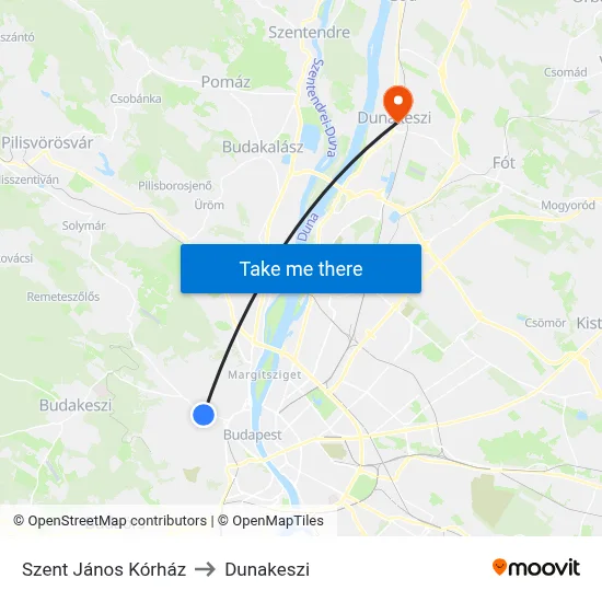 Szent János Kórház to Dunakeszi map