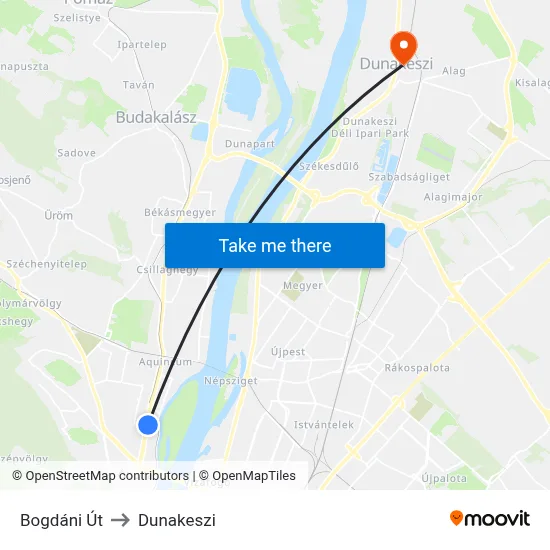 Bogdáni Út to Dunakeszi map