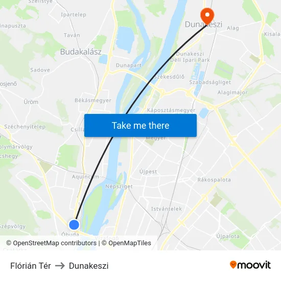 Flórián Tér to Dunakeszi map