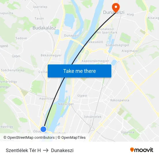 Szentlélek Tér H to Dunakeszi map