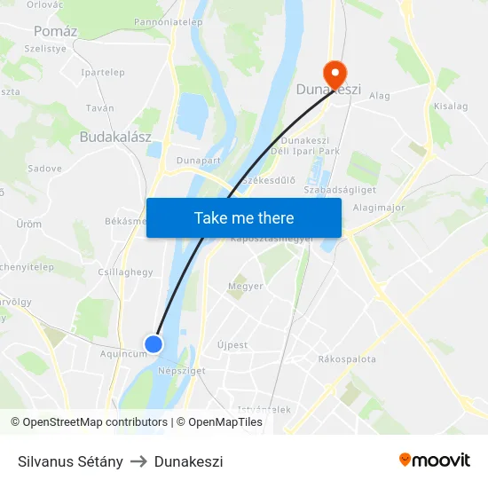 Silvanus Sétány to Dunakeszi map
