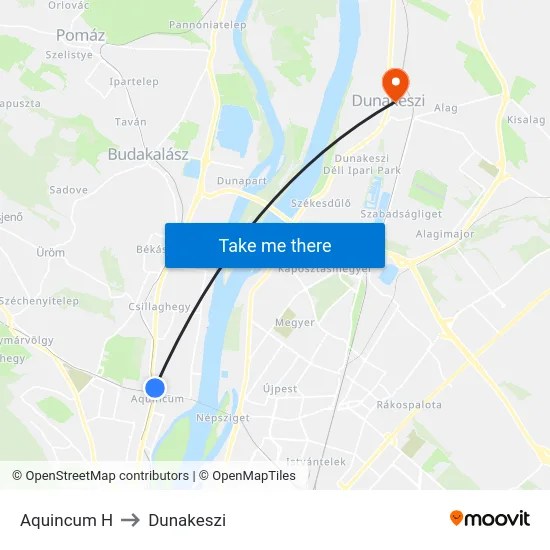 Aquincum H to Dunakeszi map