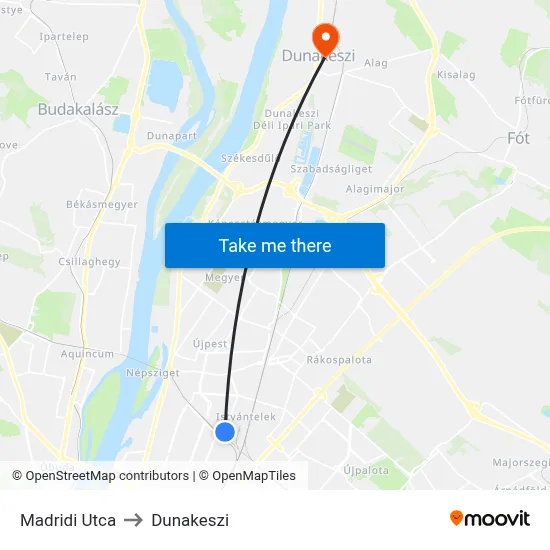Madridi Utca to Dunakeszi map