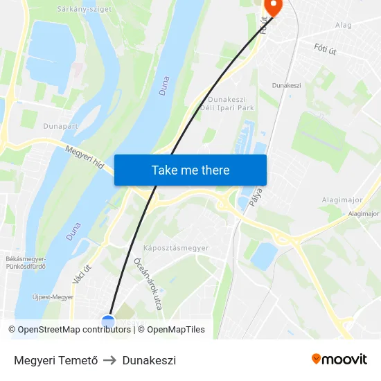 Megyeri Temető to Dunakeszi map