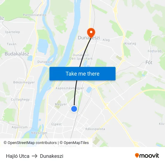 Hajló Utca to Dunakeszi map