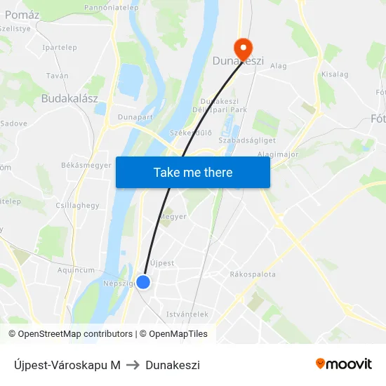 Újpest-Városkapu M to Dunakeszi map