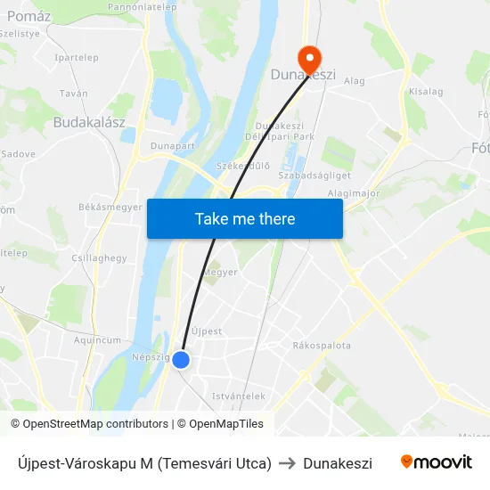 Újpest-Városkapu M (Temesvári Utca) to Dunakeszi map