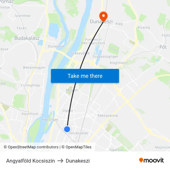 Angyalföld Kocsiszín to Dunakeszi map