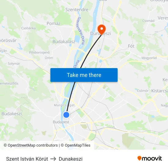 Szent István Körút to Dunakeszi map