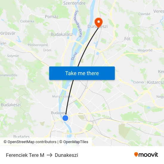 Ferenciek Tere M to Dunakeszi map
