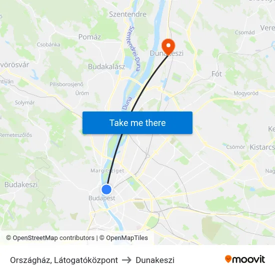Országház, Látogatóközpont to Dunakeszi map