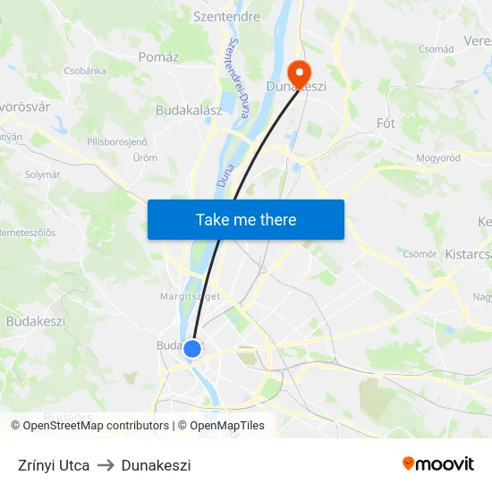 Zrínyi Utca to Dunakeszi map