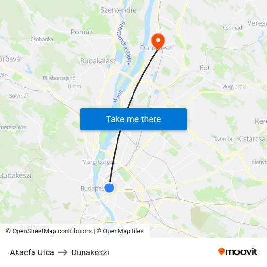 Akácfa Utca to Dunakeszi map