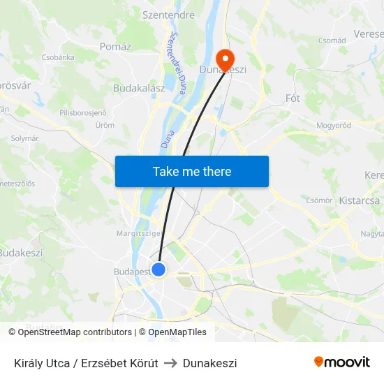 Király Utca / Erzsébet Körút to Dunakeszi map