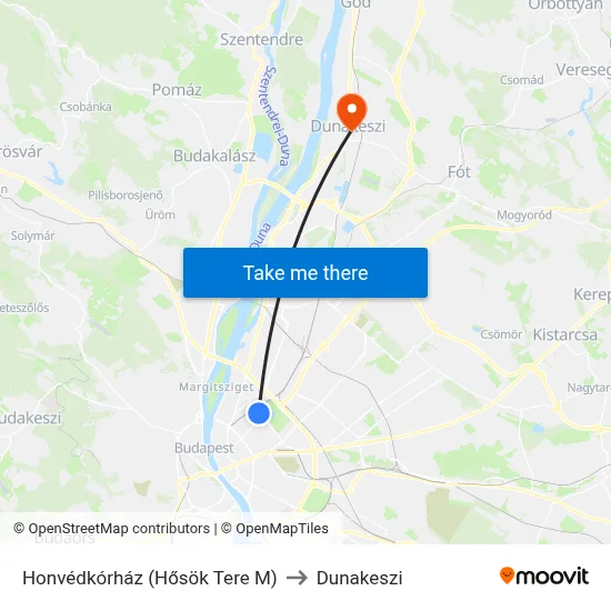 Honvédkórház (Hősök Tere M) to Dunakeszi map