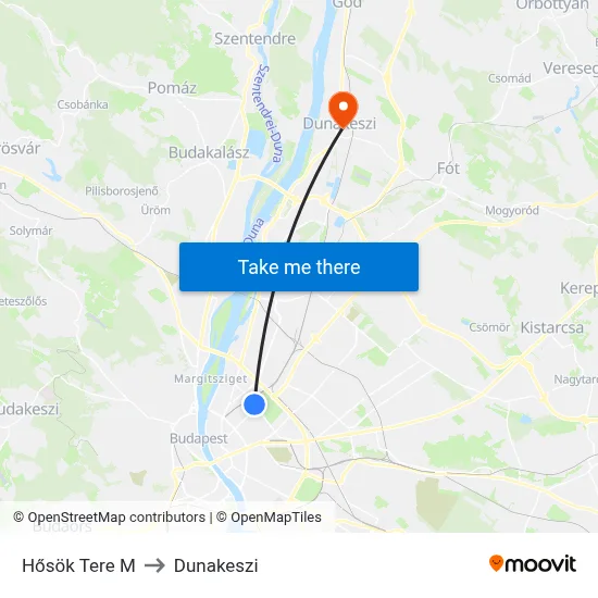 Hősök Tere M to Dunakeszi map